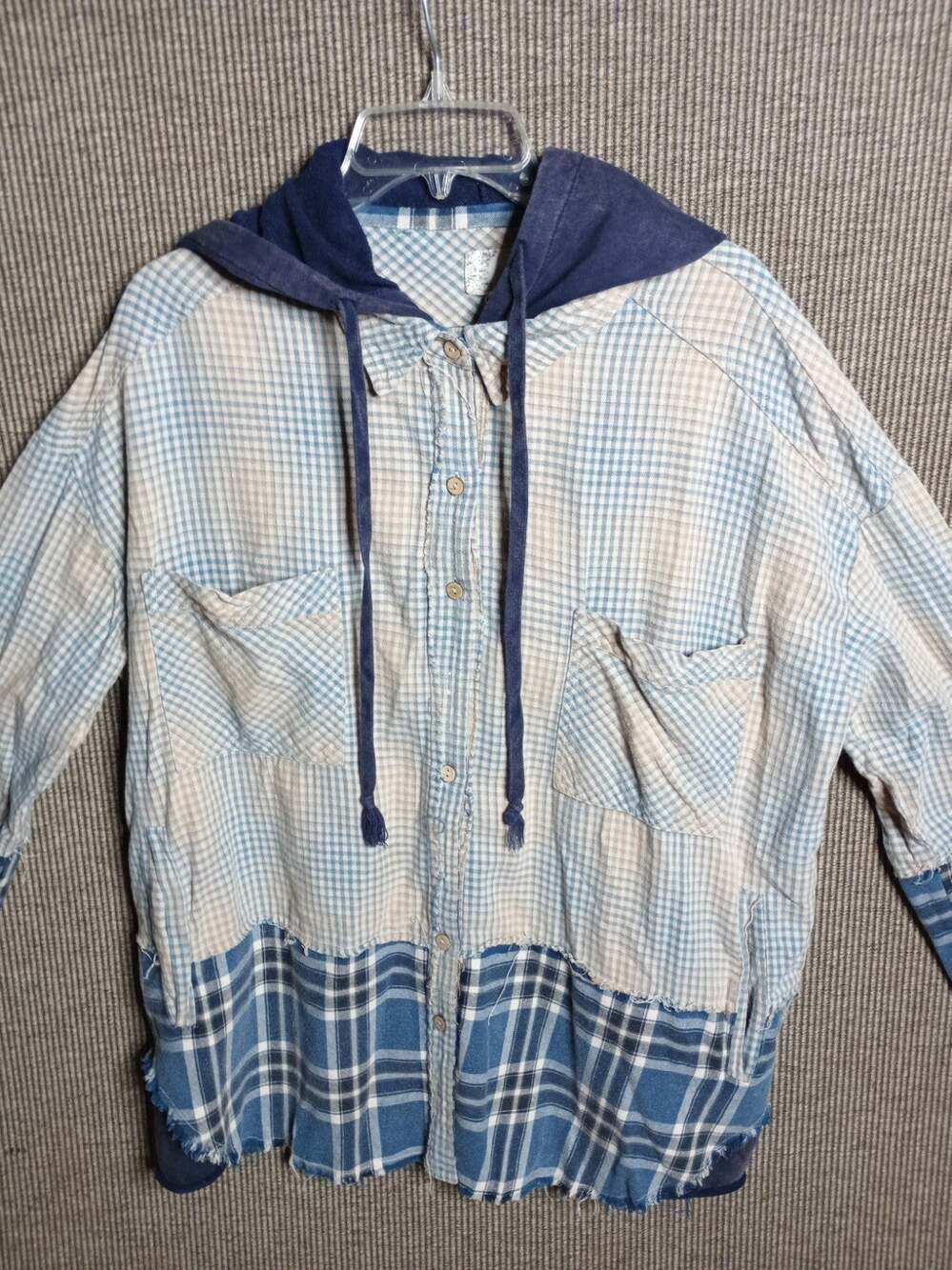O-i & Hali Blue And Cream Plaid Hooded Shacket Medium